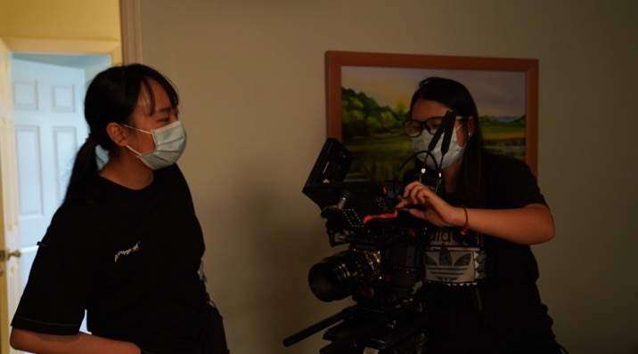 Catherine (on left) working with the DP on the set of Choice