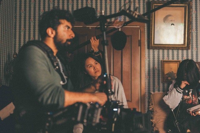 Viola (center) with Sirtaj on set of Ligeia, Photo credit-Zheng Qu.